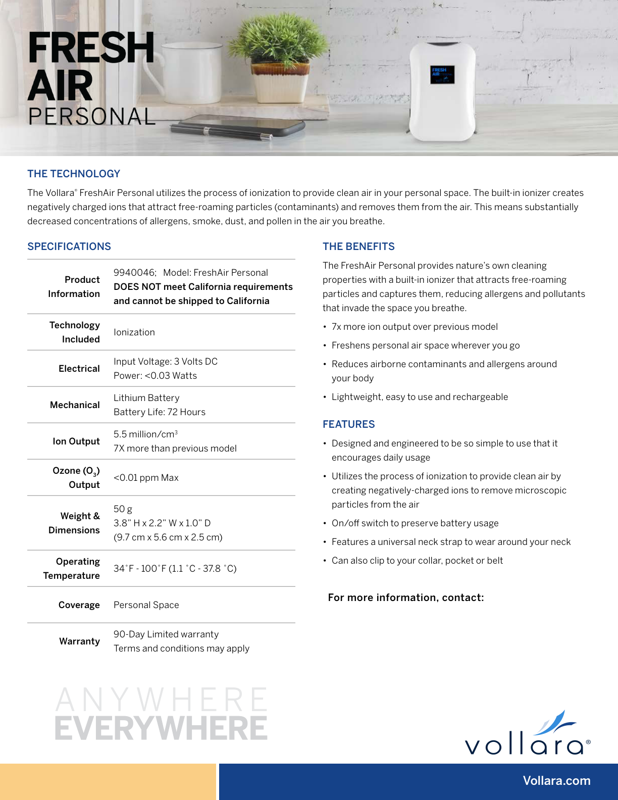Original Vollara FreshAir Personal product sheet, including specifications and manufacturer ionization information