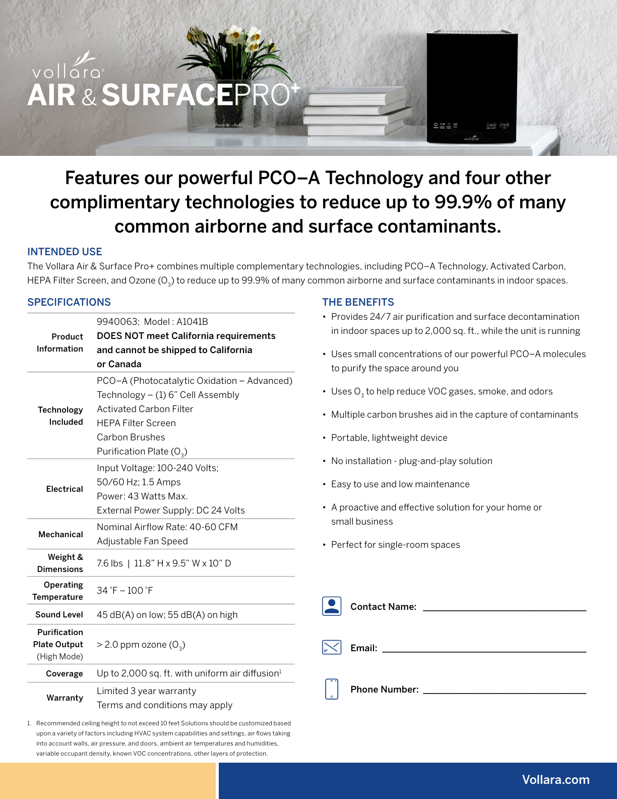 Original Vollara Air & Surface Pro+ product sheet with manufacturer claim, specifications and restrictions