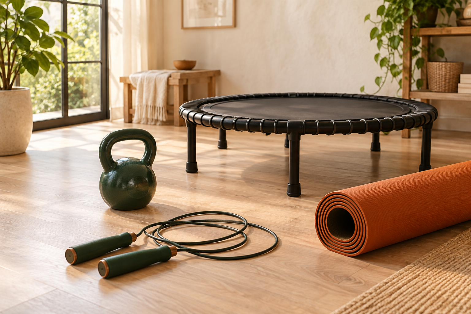 Jump rope, kettlebell, yoga mat and mini trampoline in a bright training space