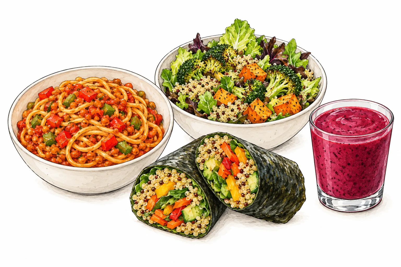 Illustrated menu spread of spaghetti, a grain and salad bowl, quinoa nori wraps and a berry smoothie.