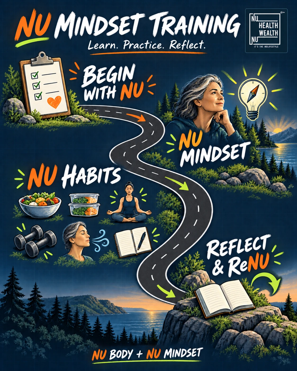 NU Mindset Training: Begin with NU, NU Mindset, NU Habits, then Reflect and ReNU. Learn, practice and reflect alongside NU Body training.