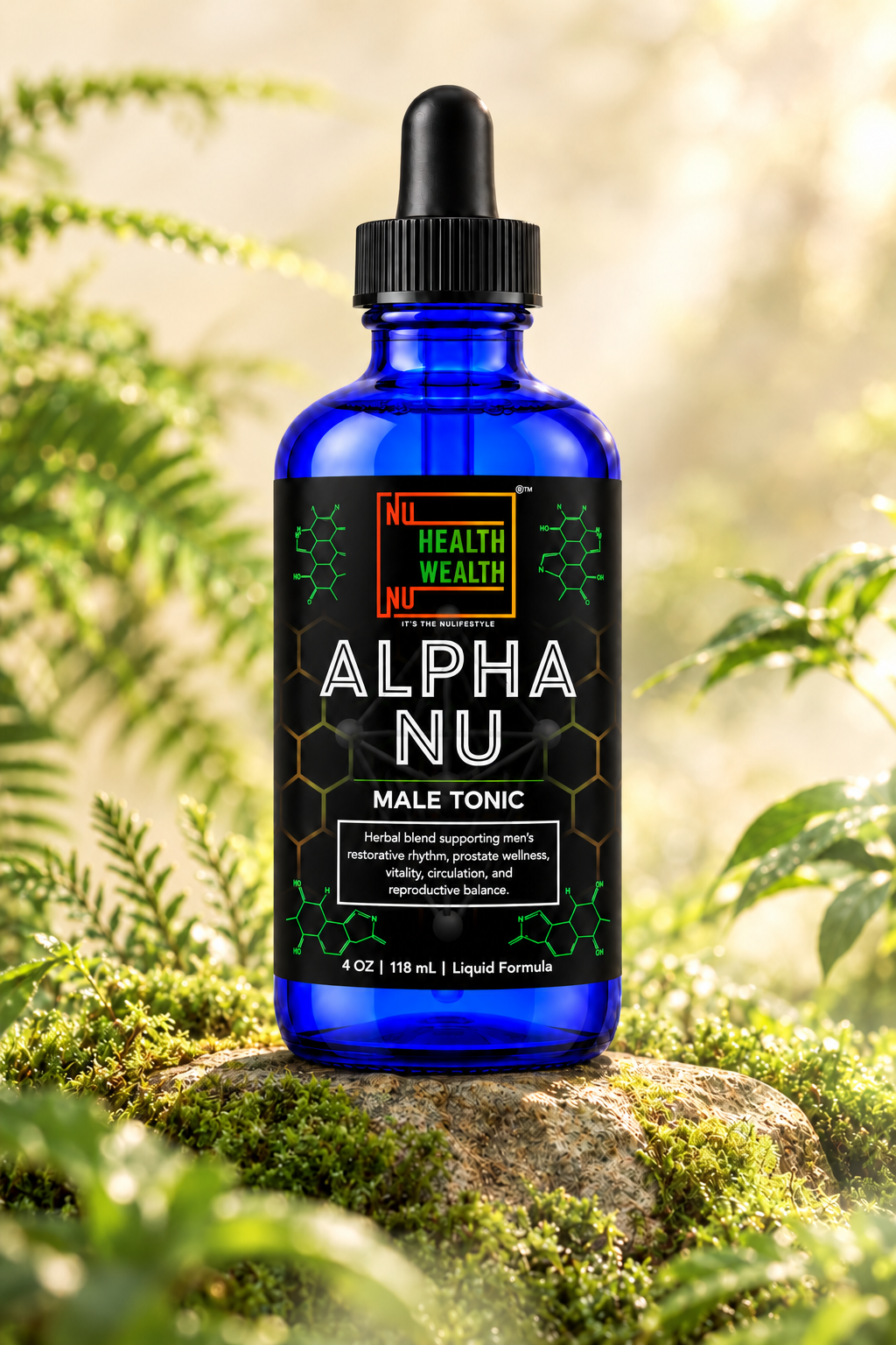 ALPHA NU 4 fl oz blue dropper bottle in a botanical setting with its approved NU Health Wealth label.