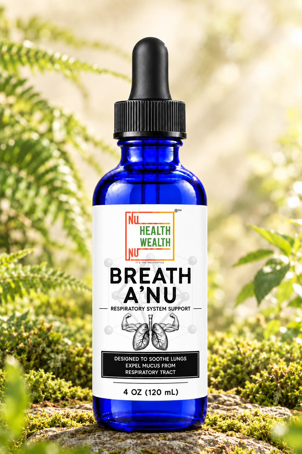Breath ANU 4 oz cobalt-blue dropper bottle in a botanical setting with its approved NU Health Wealth label.