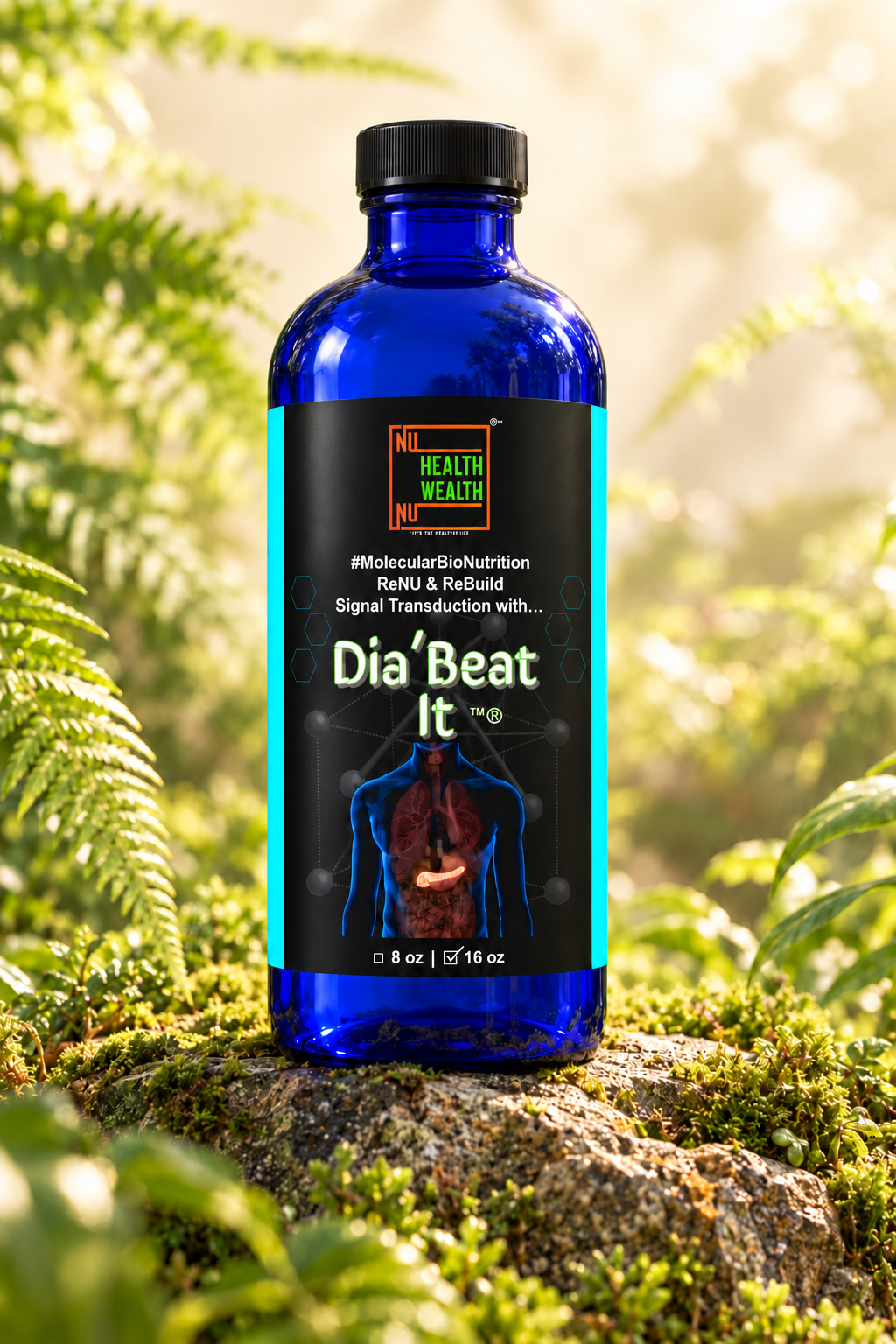 Dia’Beat It 16 US fl oz bottle in a botanical setting with its approved NU Health Wealth label.
