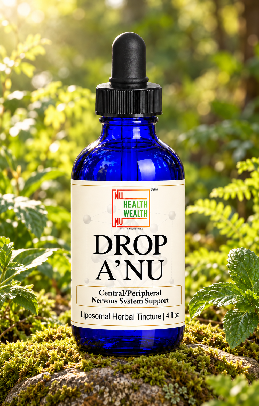 4oz cobalt-blue drop-anu bottle in a botanical setting, showing its centered front label.
