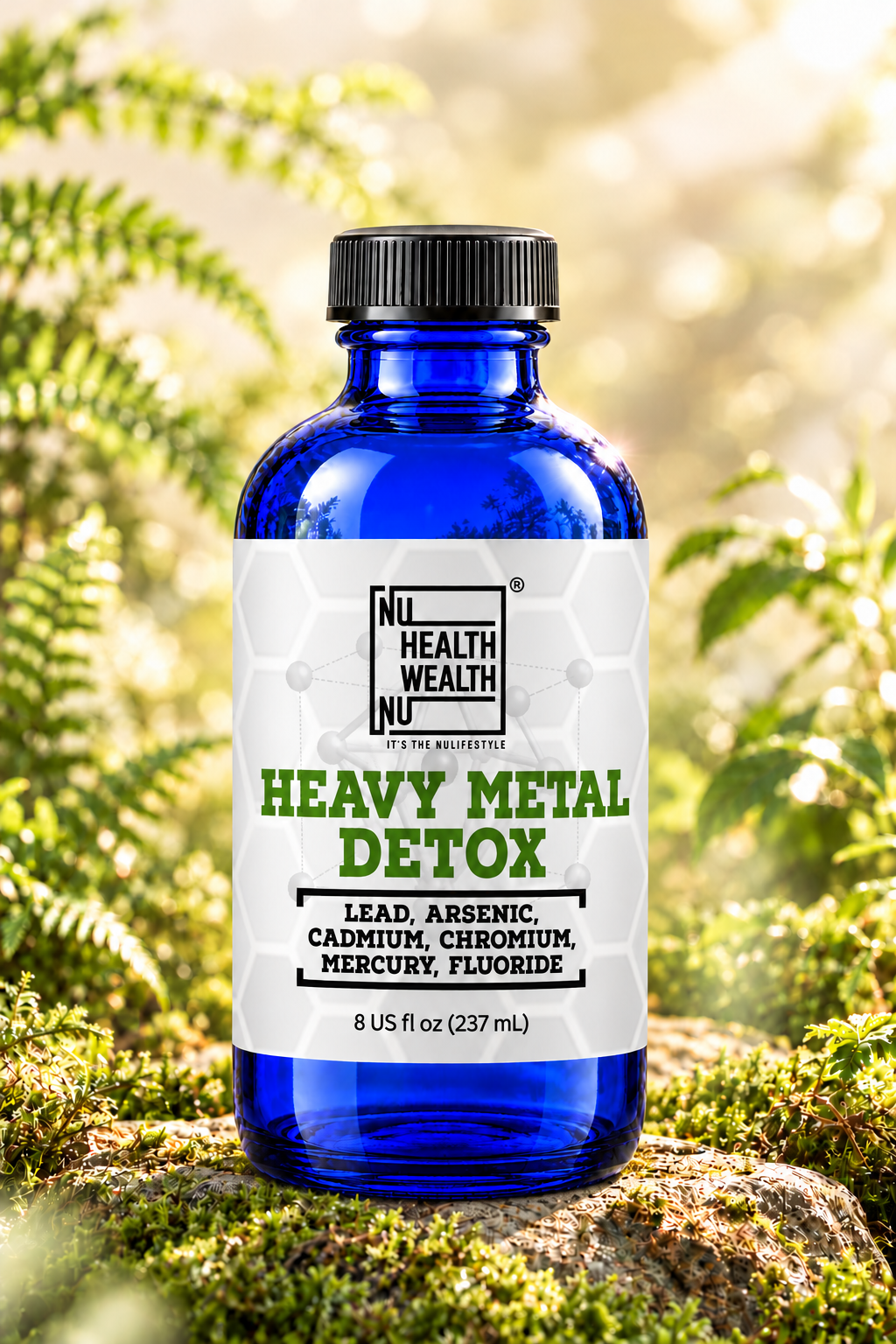 Heavy Metal Detox 8 US fl oz cobalt-blue bottle in a botanical setting with its approved NU Health Wealth label.