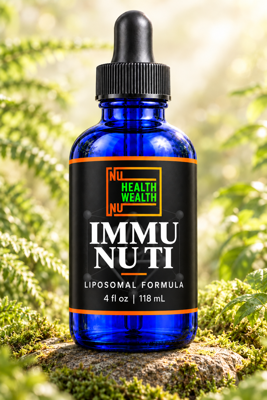 IMMU NU TI 4 fl oz cobalt-blue bottle in a botanical setting with its approved NU Health Wealth label.