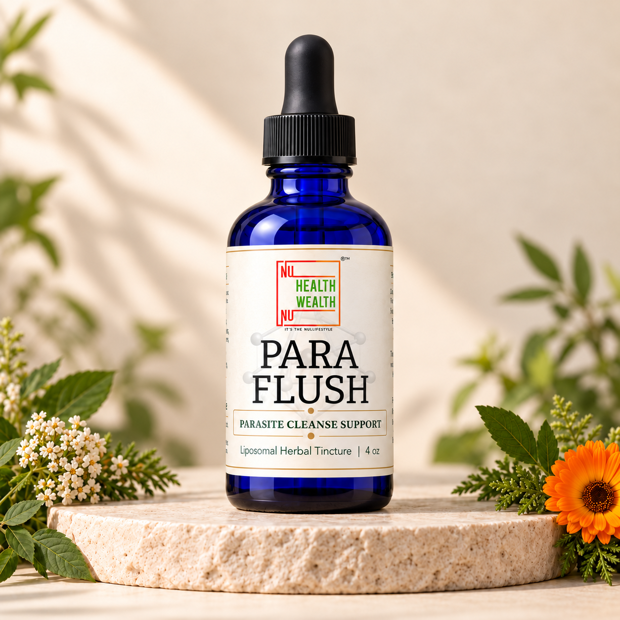 ParaFlush 4 oz bottle with its approved NU Health Wealth label.