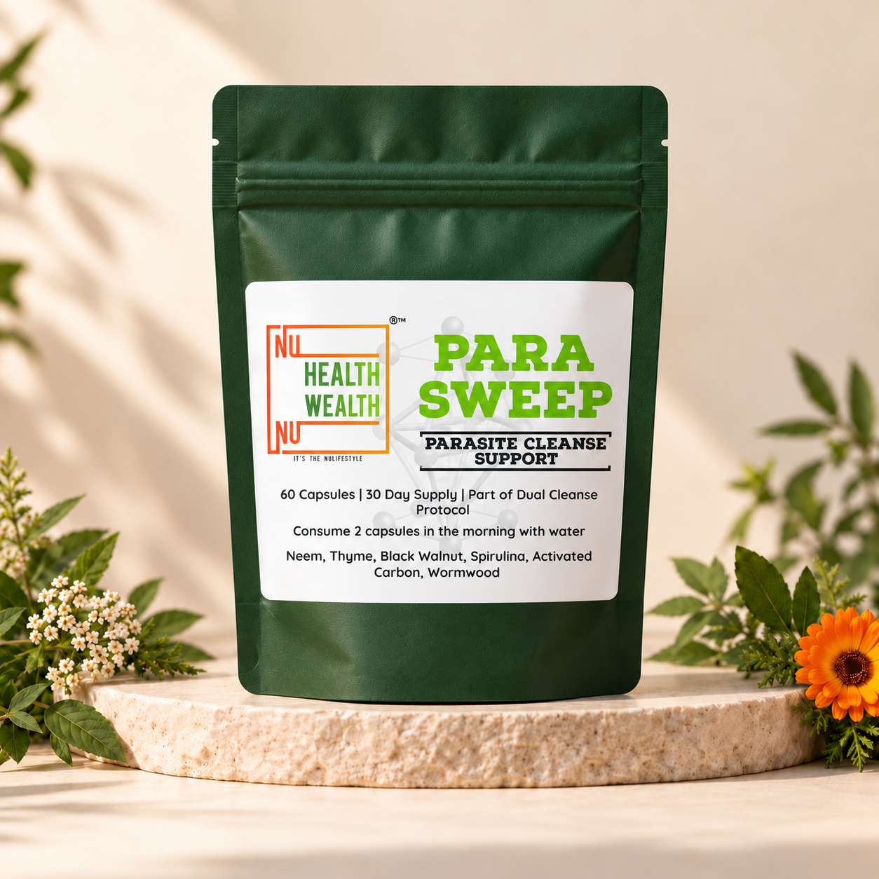 ParaSweep 60-capsule pouch with its approved NU Health Wealth label.
