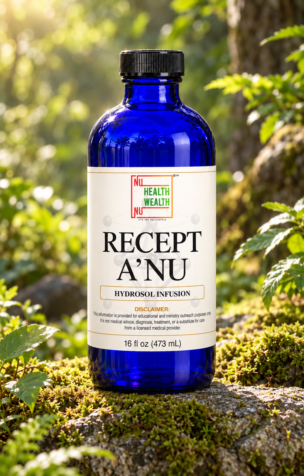 16oz cobalt-blue recept-anu bottle in a botanical setting, showing its centered front label.