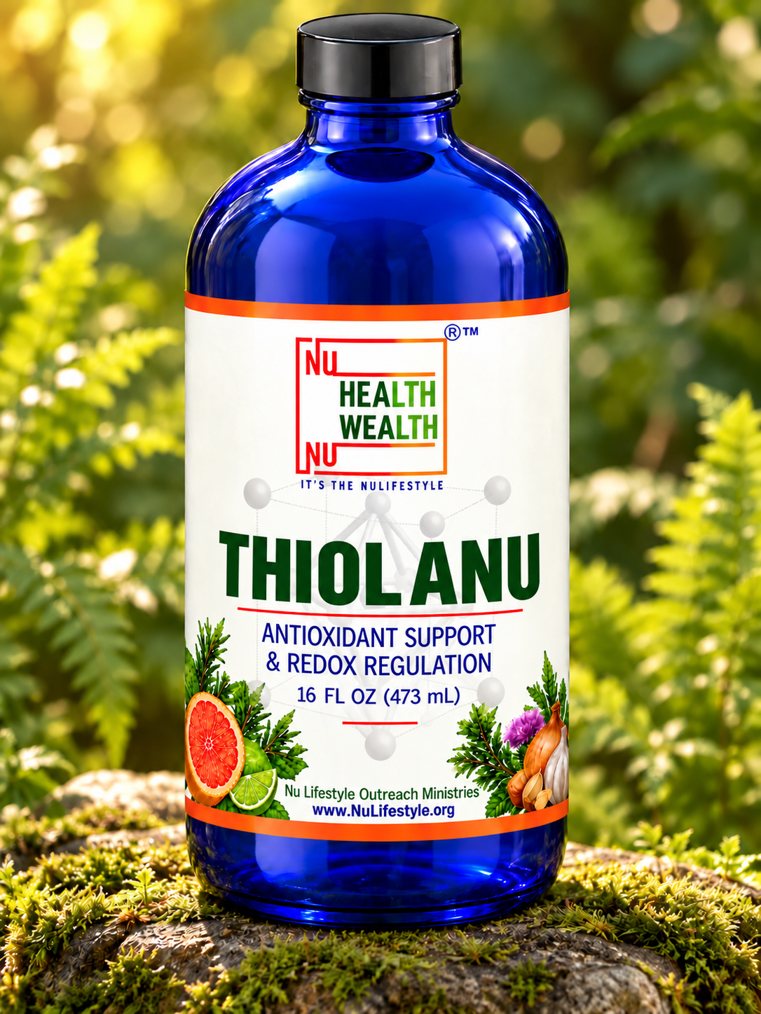 Thiol ANU 16 US fl oz cobalt-blue bottle in a botanical setting with its approved NU Health Wealth label.