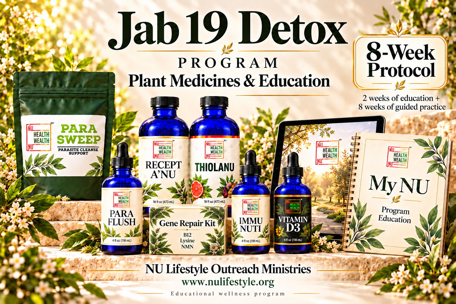 Jab 19 Detox program bundle with plant-medicine products, Gene Repair Kit and My NU education materials; two education weeks followed by an eight-week protocol.